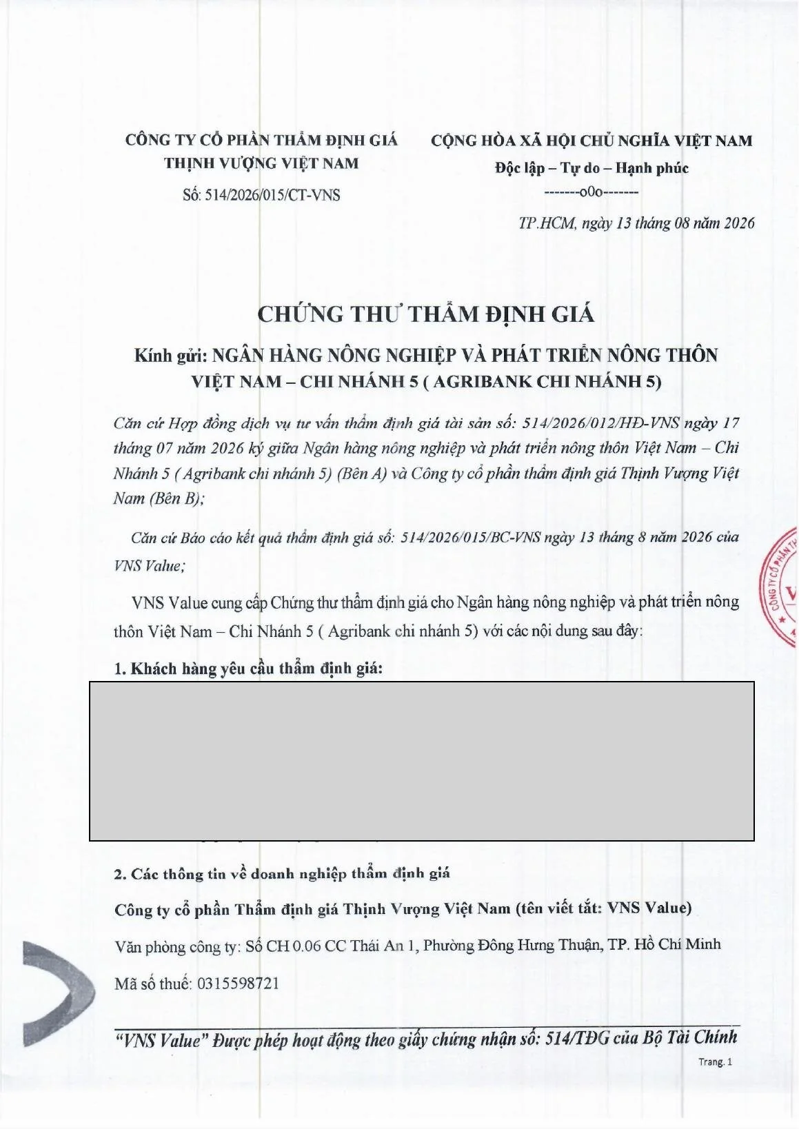 Chứng thư thẩm định giá - trang 1